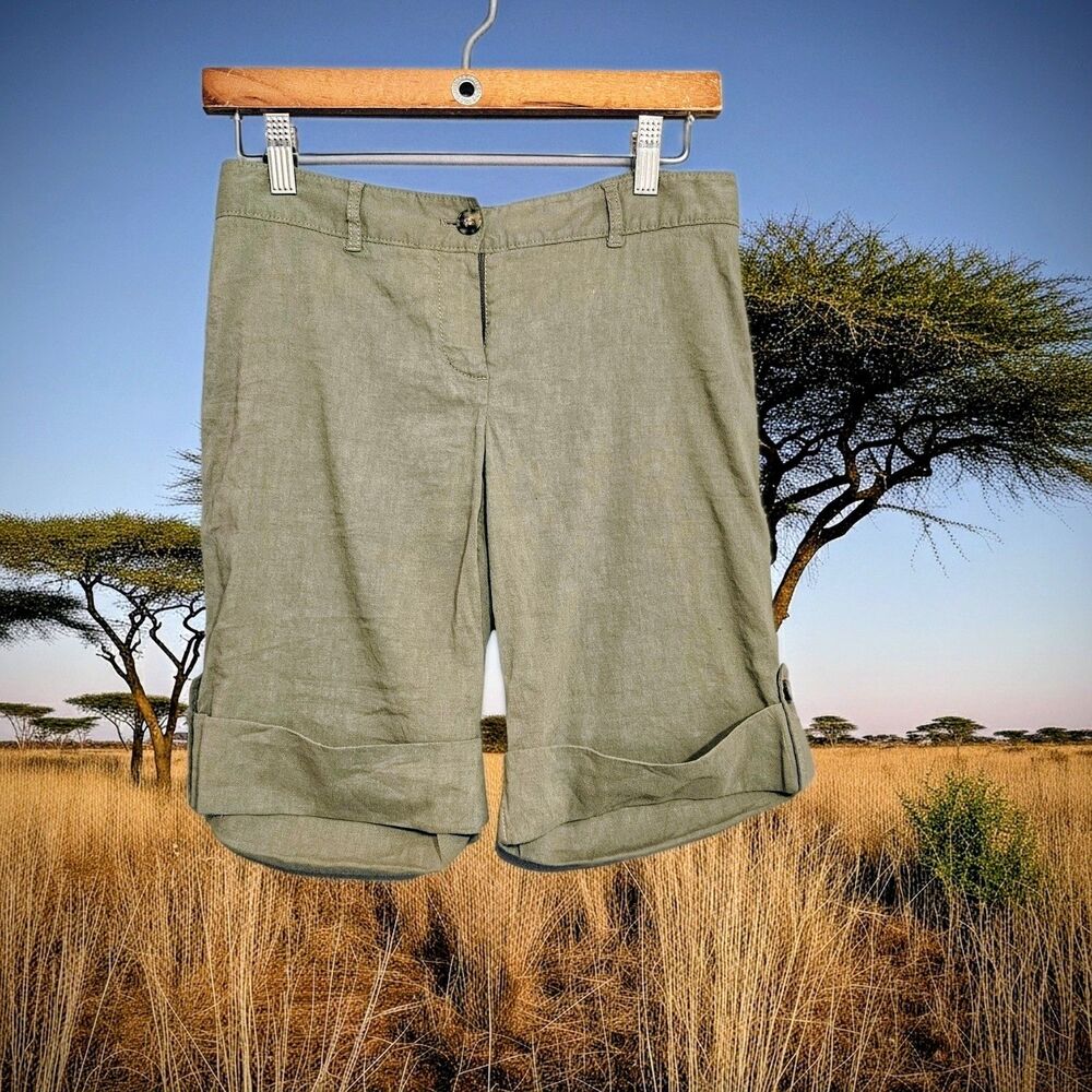 theory Sz 2 Linen Blend Safari Shorts Bermuda Legnth Cuffed Roll Tab Drab Green
